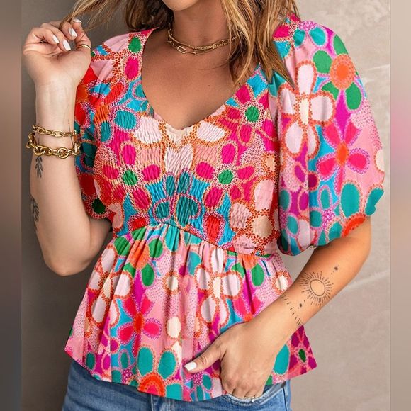 Floral Babydoll Blouse - Hot Pink - Picture 1 of 4